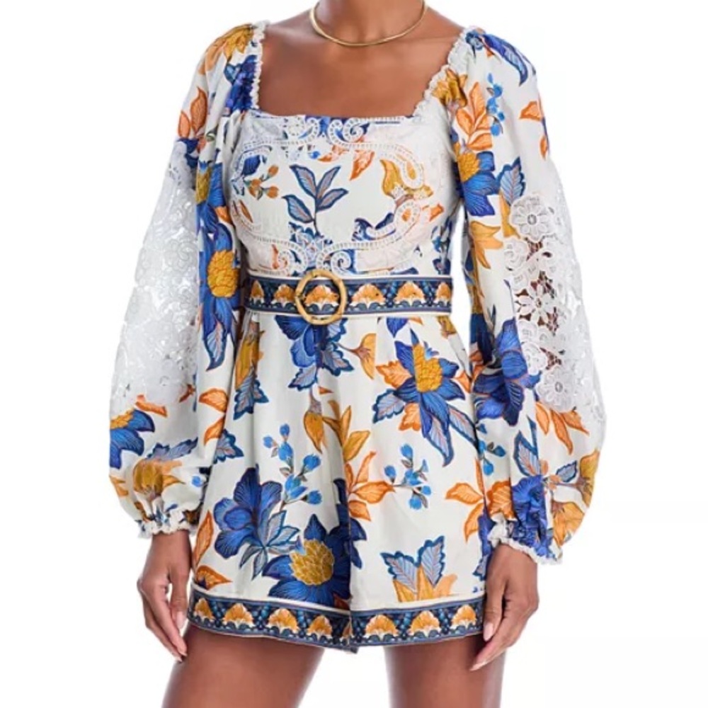 FARM Rio White Floral Jumpsuit with Blue & Yellow Print